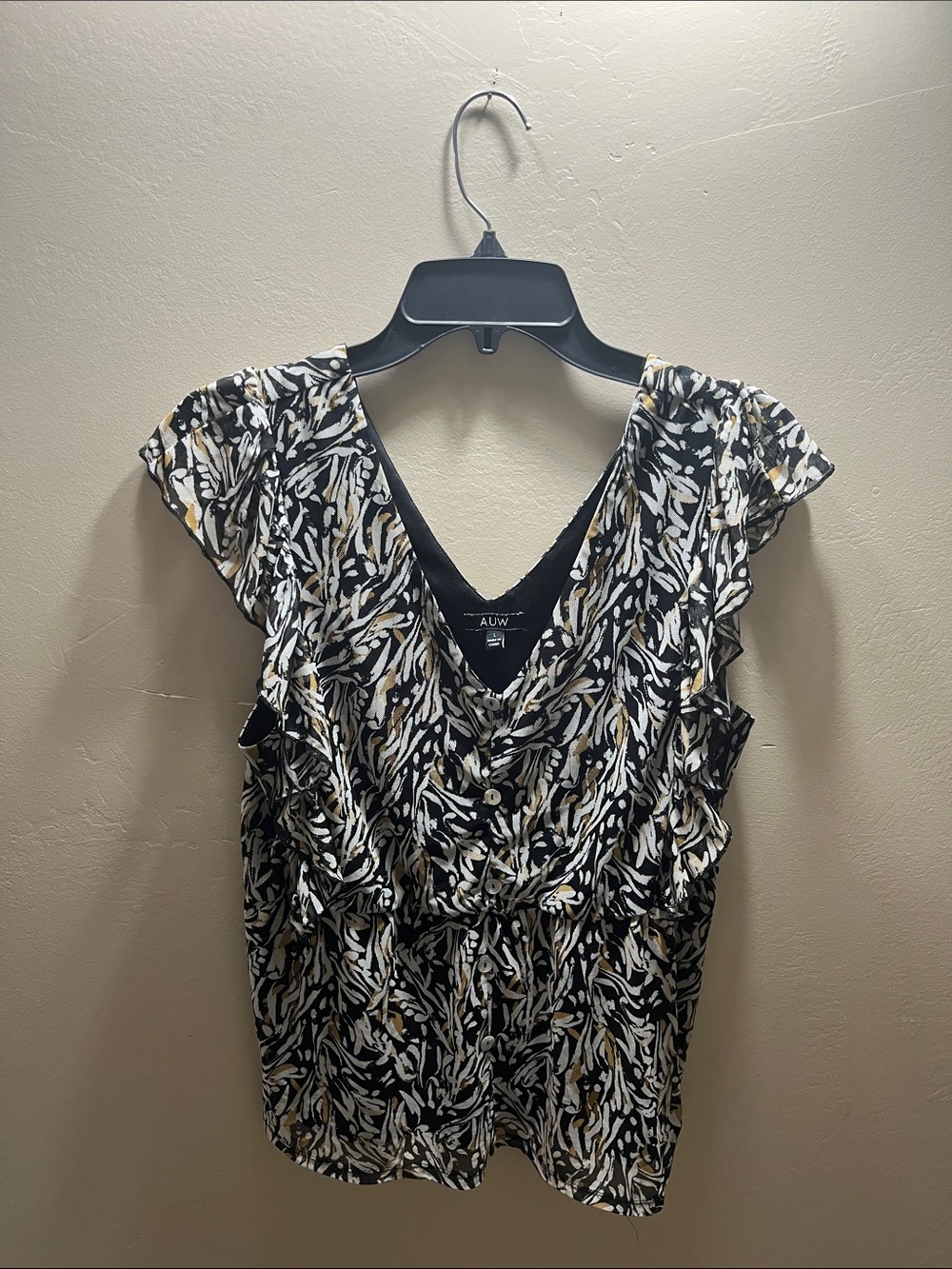 AUW Black Floral-Print V-Neck Ruffle Sleeve Blouse with Cream & Tan Accents